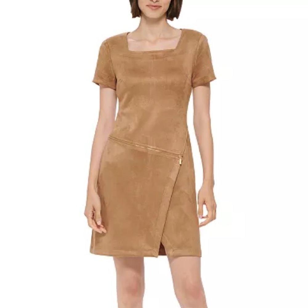 Calvin Klein Tan Faux Suede Mini Dress Zip Detail Sheath Dress Minimalist Office